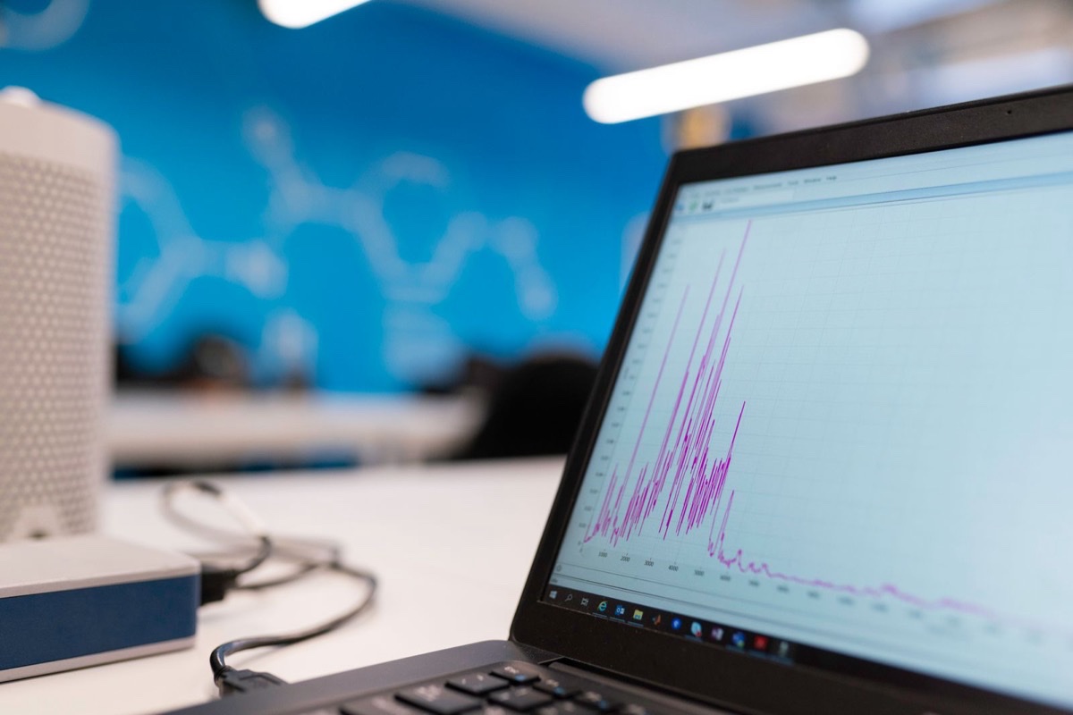 A laptop displaying an analytics dashboard with charts